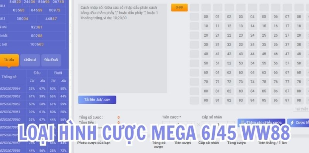 Các lựa chọn cược Mega 6/45 tại WW88